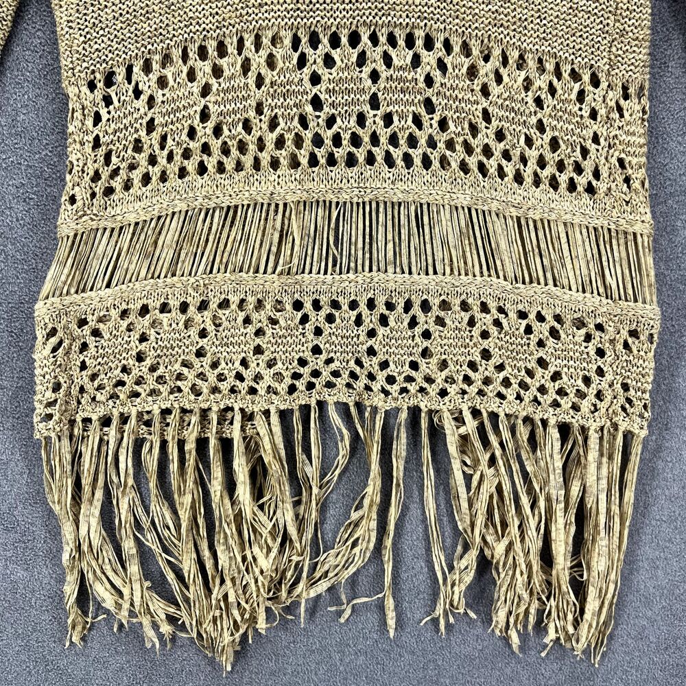 Zara Knit Cardigan Medium Tan Open Crochet Fringe Tassels Taupe raglan sleeve - Picture 15 of 16